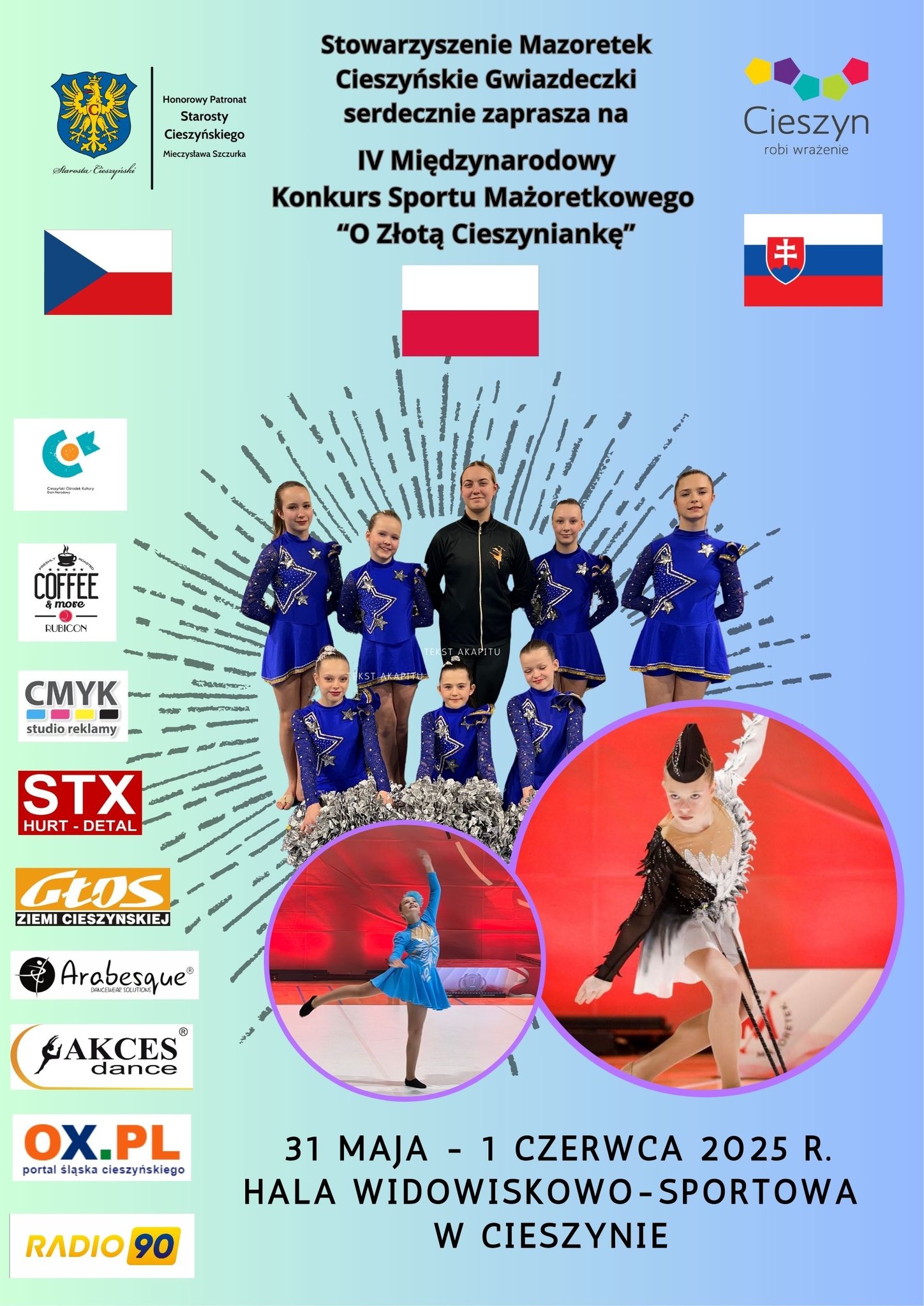 plakat zapraszający na IV międzynarodowy konkurs sportu mażoretkowego "O Złotą Cieszyniankę" w dniach 31 maj do 1 czerwca