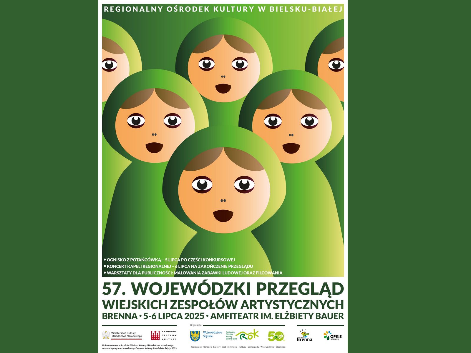 plakat zapraszający na 57 Wojewódzki Przegląd Zespołów Artystycznych w Brennej w dniach 5 i 6 lipca 2025 roku