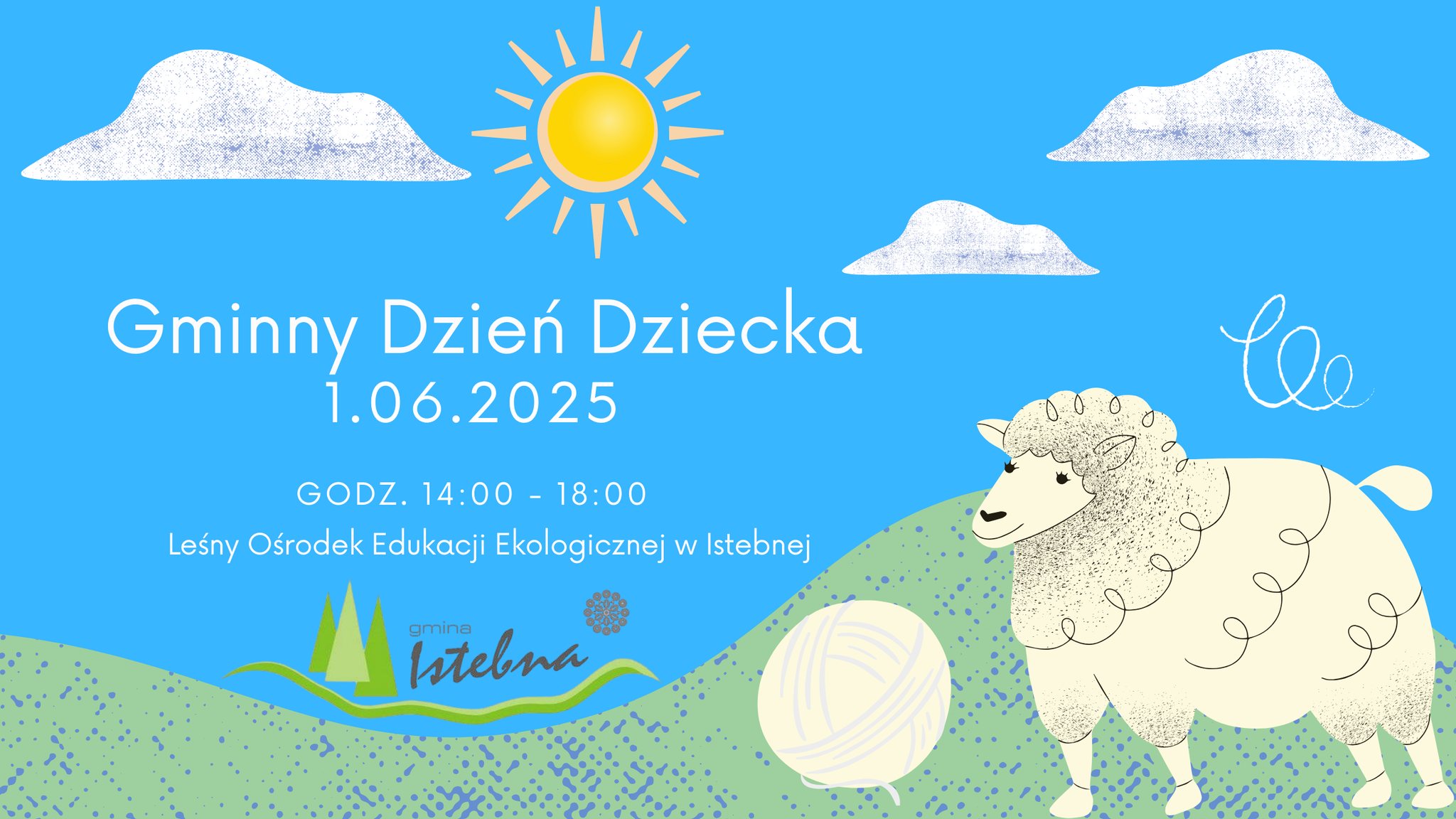 Plakat informujący o wydarzeniu skierowanym do dzieci.Większą część zajmuje niebieskie tło, u dołu zarys gór i rysunek owcy.