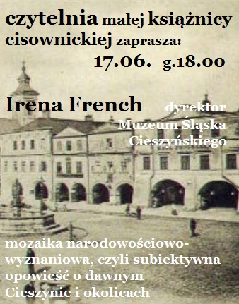 Grafika przedstawiająca starą widokówkę cieszyńskiego rynk. Wokół napisy ze szczegółową datą wydarzenia