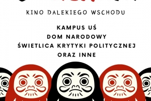 Grafika z rzędem pięciu,stylizowanych na azjatyckie, figurek w kolorach czarnym i czerwonym.Nad figurkami informacje na temat wydarzenia.