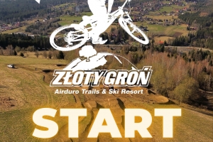 Plakat promujący wydazenia związane ze startem sezonu roweowego. W tle górska panorama,na pierwszym planie rysunek rowerzysty,logo wydarzenia i tekst informacyjny,