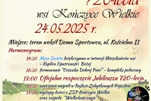 plakat zapraszający na jubileusz 720 lecia Kończyc Wielkich
