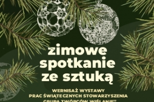 Na środku grafiki biały tekst informacyjny,powyżej dwie białe bombki choinkowe w stylu koronki koniakowskiej.Wokół choinkowe gałązki.