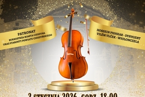 plakat zapraszajacy na wydarzenie - na pierwszym planie grafika skrzypiec