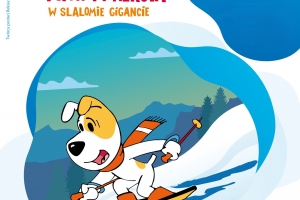 Plakat zapraszający na wydarzenie, grafika przedstawia psa reksia zjeżdzającego na nartach