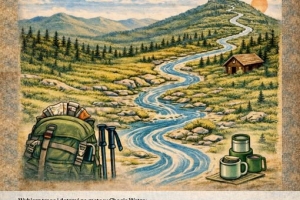 Rysunkowy plakat przedstawiający rzekę wijącą się wśród stoków i lasów.U dołu, po lewej stronie plecak,po prawej stronie  pojemniki na napoje.U goóry napis XXII Międzynarodowy Rajd Pieszy „Ku źródłom Wisły".U dołu loga organizatorów i patronów.