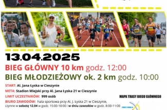 Plakt informujący o 13. Cieszyńskim Fortuna Biegu.Na środku cztery zdjęcia biegaczy.U góry po lewej kolejne zdjęcie biegaczy, po prawej logo wydarzenia.U dołu informacje tekstowe oraz loga organizatorów.