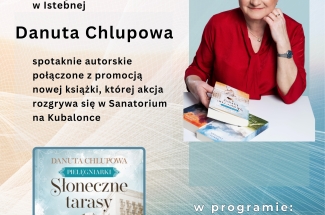 Plakat promujący spotkanie z autorką.W prawym górnym rogu zdjęcie autorki, w lewym dolnym okładka książki.