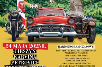 plakat zapraszający na IV międzynarodowy rajd pojazdów zabytkowych "szlakiem zamków nad piotrówką" w dniu 24 maja 2025 roku. W górnej części plakatu grafika przedstawiająca dwa zabytkowe auta i motor, słupek graniczny, góry porośnięte lasami oraz charakte