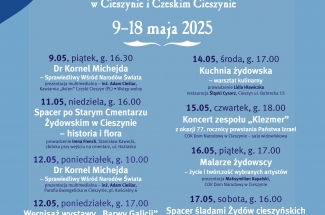 plakat zapraszający na dni kultury żydowskiej w Cieszynie i Czeskim Cieszynie w dniach 9 do 18 maja 2025 r.