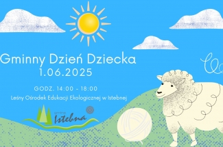 Plakat informujący o wydarzeniu skierowanym do dzieci.Większą część zajmuje niebieskie tło, u dołu zarys gór i rysunek owcy.