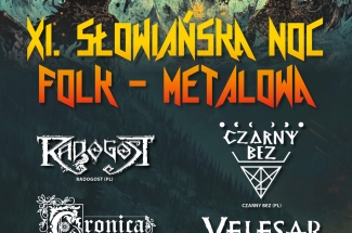 plakat utrzymany w ciemnych barwach zapraszający na 11 Słowiańską Noc Folk Metalową