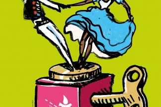 Plakat zapraszający na 62 Tydzień Kultury Beskidziej w Wiśle pod hasłem Nakręć się na folklor. Grafika przedstawia rysunek pozytywki z tańczącą parą.