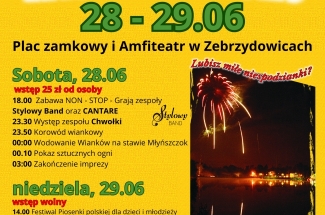 plakat zapraszający na wydareznie - na plakacie zdjęcie sztucznych ogni oraz zespołu muzycznego