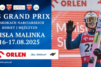 plakat zapraszający na FIS Grand Prix Wisła 2025 w skokach narciarskich w dniach 16-17 sierpnia 2025. Z prawej strony plakatu zdjęcie skoczka narciarskiego