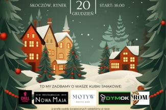 Plakat zapraszający na świąteczny jarmark na skoczowskim rynku