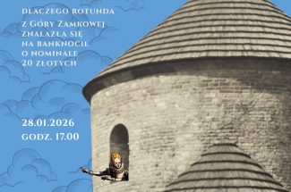 Plakat zapraszający na wydarzenie, przedstawiający zdjęcie Rotundy w Cieszynie