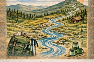 Rysunkowy plakat przedstawiający rzekę wijącą się wśród stoków i lasów.U dołu, po lewej stronie plecak,po prawej stronie  pojemniki na napoje.U goóry napis XXII Międzynarodowy Rajd Pieszy „Ku źródłom Wisły".U dołu loga organizatorów i patronów.