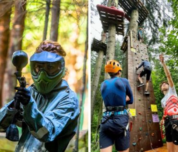 Grafika sładająca się z czterech zdjęć.Od lewej dziewczynka na placu zabaw,uczestnik gry w paintball,wspinacze,dziewczyna zjeżdżająca w parku linowym.